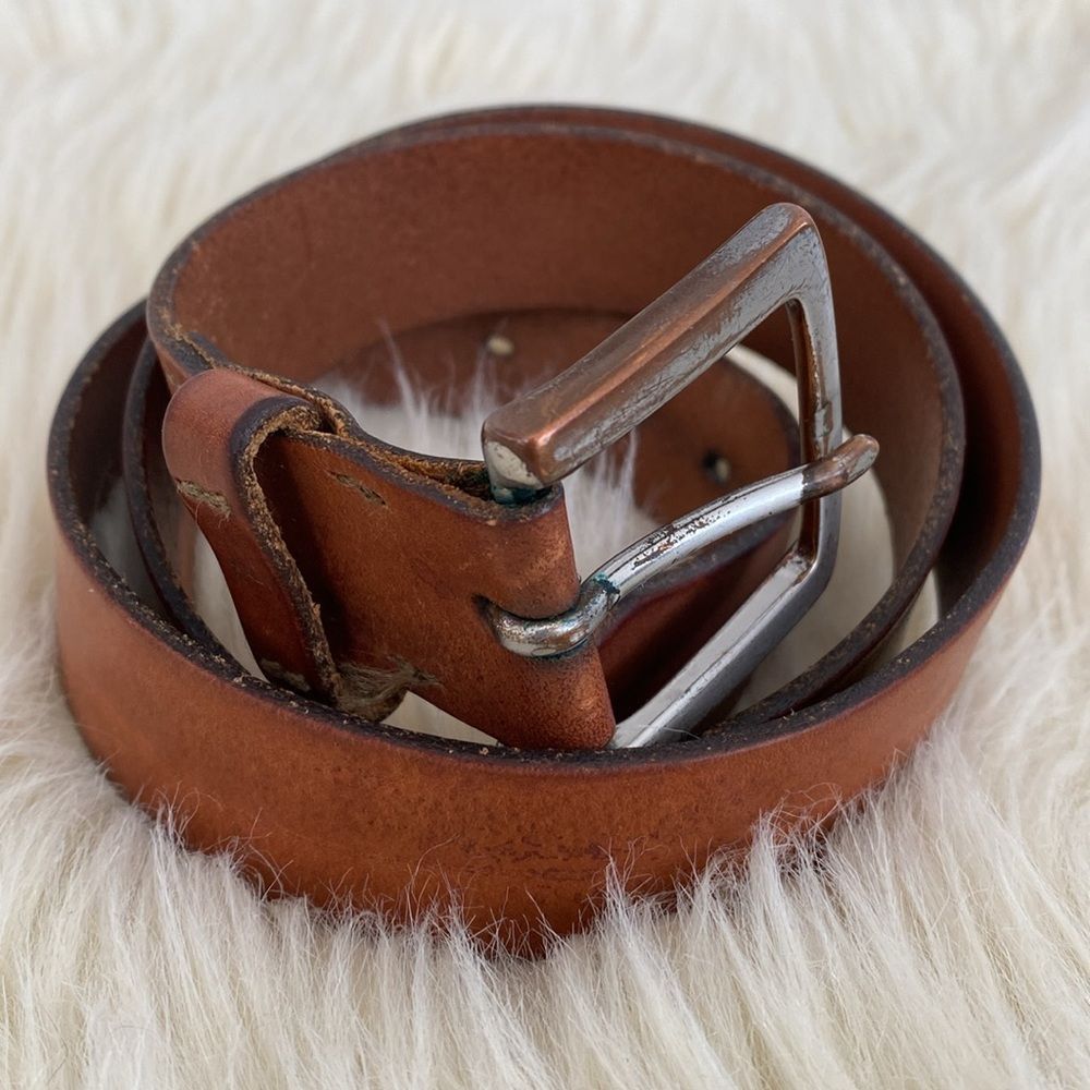 Vintage J. Crew Cognac Brown Italian Leather Belt Silver Buckle Made in USA M-L